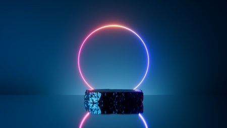 3d render, abstract minimalist blue background with glowing neon ring, cobble stone rock, and mirror reflection. Showcase scene with podium for product presentation. Futuristic aesthetic wallpaperの写真素材