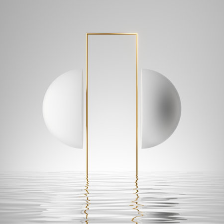 3d render, abstract minimalist geometric background, simple showcase scene with white hemispheres, golden frame and liquid floor, reflection in the waterの写真素材