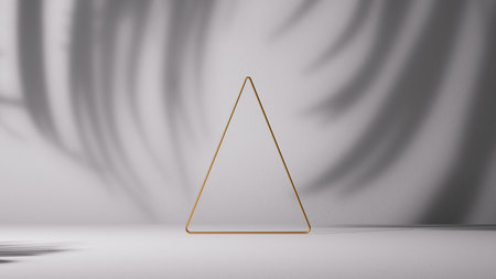3d render, abstract geometric background with tropical leaves shadow and golden triangle shape. Minimalist showcase scene for product presentationの写真素材