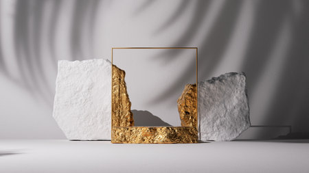 3d render, abstract minimalist white background with golden square frame, cobblestones, rocks and palm leaf shadow. Vacant podium. Trendy showcase with empty stone platform for product presentationの写真素材