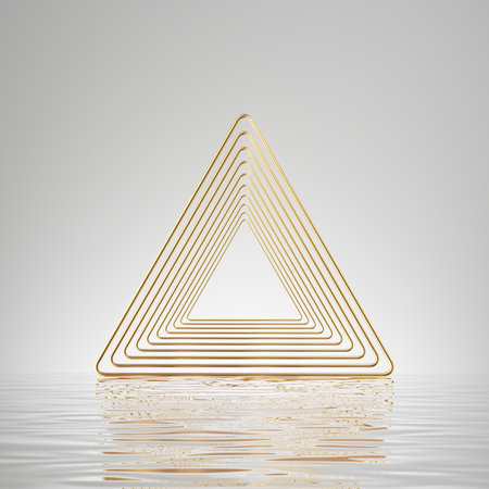 3d render, abstract minimalist geometric white background with gold triangle and reflection in the waterの写真素材