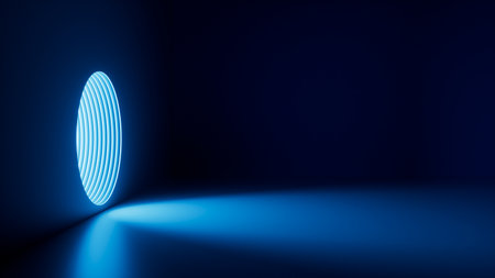 3d render, abstract blue minimalist background. Bright light going through the round hole inside the empty dark roomの写真素材