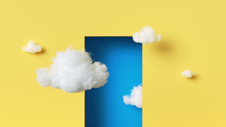 3d rendering, abstract minimalist geometric background. White clouds fly outside the blue doorway on the yellow wall. Modern fantasy wallpaperの写真素材