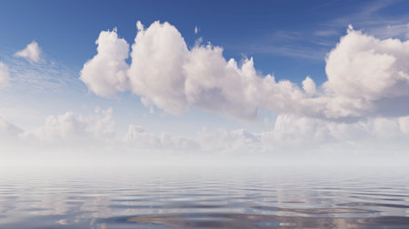 3d render, abstract nature background, seascape wallpaper, white clouds above the seaの写真素材