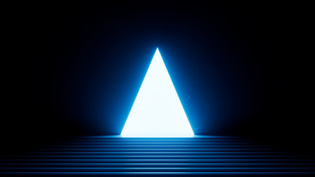 3d render, abstract minimalist blue geometric background. Triangular doorway portal glowing in the dark with bright neon light. Modern wallpaperの写真素材