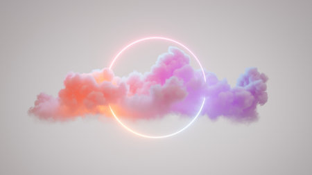 3d render, abstract geometric background, ring shape glows with neon light inside the soft colorful cloud, fantasy sky with blank linear round frameの写真素材