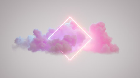 3d render, geometric rhombus shape glows with neon light inside the soft colorful cloud isolated on white background, fantasy sky with blank linear frameの写真素材