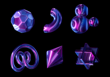 3d render, abstract geometric primitive shapes. Set of purple neon glass elements or icons isolated...