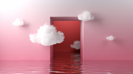 3d render, abstract fantasy surreal background with square portal in the pink wall and white clouds flying above the water. Fantasy geometric wallpaper. Dreaming metaphorの写真素材