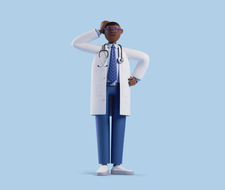 3d render, full body african cartoon character, dark skin male doctor confused. Man touches head and looks at camera. Thinking and solving problem. Medical clip art isolated on blue backgroundの写真素材
