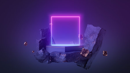 3d render, abstract neon background. Glowing square frame and rock cobble stone ruins levitating....