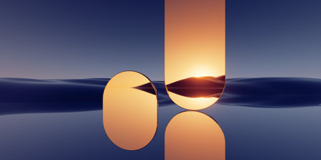 3d render, surreal panoramic background. Abstract minimal wallpaper of fantastic landscape with...