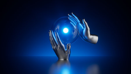 3d render, abstract metallic hands hold glass ball with light, isolated on dark blue background. Modern minimalist wallpaper, futuristic energy conceptの写真素材