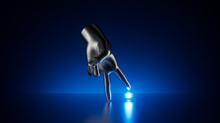 3d render, abstract metallic human hand, small glowing glass ball, isolated on dark blue background. Scientific minimalist wallpaper, futuristic technology conceptの写真素材
