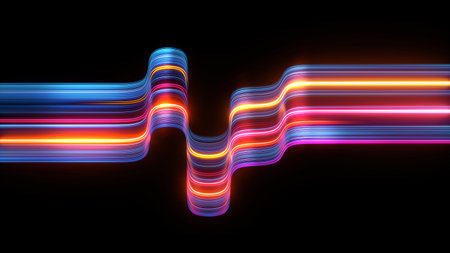3d render, abstract geometric wallpaper of colorful wavy neon ribbon, yellow red blue glowing lines...