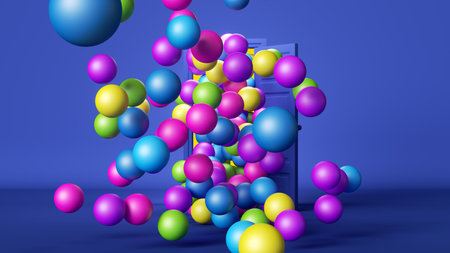 3d render. Colorful balls and balloons flying out the open door. Party conceptの写真素材