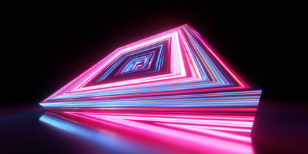 3d render. Abstract geometric background of square neon linear frames glowing in the dark. Futuristic wallpaperの写真素材