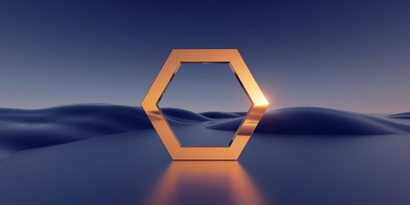 3d render, surreal panoramic background. Abstract minimal wallpaper of fantastic sunset landscape with golden metallic hexagon frame, hills and reflection in the waterの写真素材