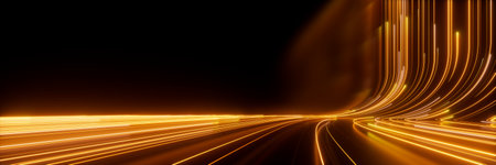 3d render, abstract neon wallpaper. Yellow glowing lines over black background. Streaming energyの写真素材