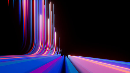 3d rendering. Abstract neon wallpaper. Colorful pink blue lines stripes and ribbons over black backgroundの写真素材