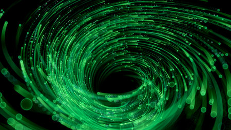 3d render, abstract wallpaper. Digital data transfer. Green glowing lines over black background....