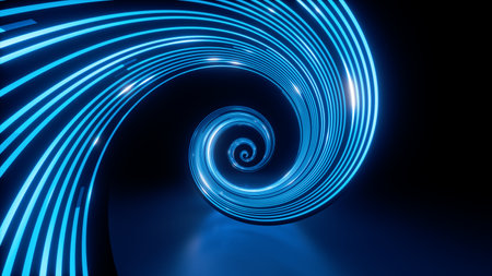 3d render, abstract wallpaper of blue spiral vortex. Hypnotic neon lines. Streaming energy....