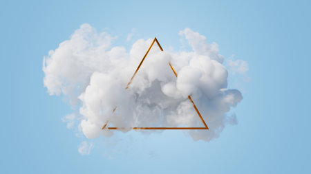 3d render, abstract geometric background of gold linear triangle inside the white cloud, floating...