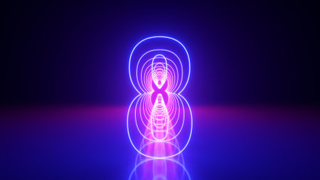 3d render, linear symbol, neon number eight glowing in the dark with ultraviolet light, pink blue...