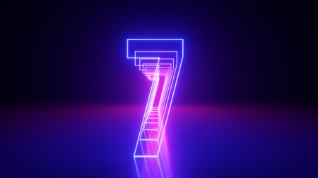 3d render, linear symbol, neon number seven glowing in the dark with ultraviolet light, pink blue gradient laser rayの写真素材