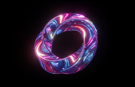 3d render. Iridescent glass twisted torus, reflecting neon light in the dark. Simple geometric object isolated on black background. Aesthetic holographic shapeの写真素材