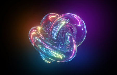 3d render. Iridescent glass tangled torus, reflecting neon light and glowing in dark. Minimalist geometric object isolated on black background. Fantastic bubbleの写真素材