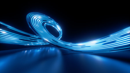 3d render. Abstract panoramic background of twisted dynamic blue neon lines glowing in the dark room with floor reflection. Virtual fluorescent ribbon loop. Fantastic minimalist wallpaperの写真素材