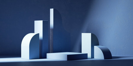 3d render. Abstract minimalist geometric background. Square platform pedestal and curvy shapes...