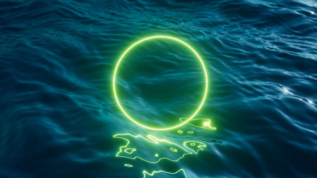 3d render of a green neon round frame glowing above the dark blue ocean ripples surface. Simple futuristic geometric wallpaper, abstract backgroundの写真素材