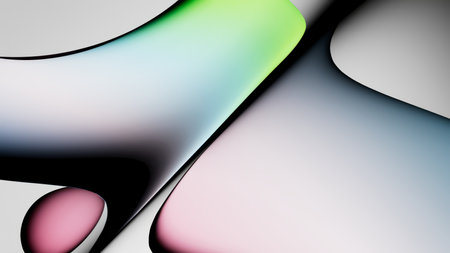 3d render. Abstract background of smooth liquid glass shapes and bubbles. Fluid gradient of pastel...