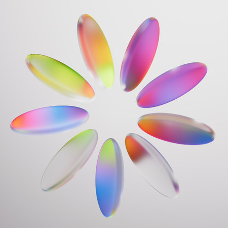 Abstract 3d render. Round glass lenses arranged in the shape of a flower. Kaleidoscope of oval...