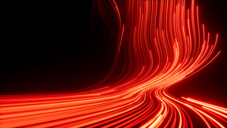 3d render, abstract background of red wavy neon lines glowing in the dark. Speed of light. Fantastic...