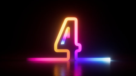 A glowing neon number four. 3d rendering of digital symbol 4 in yellow pink and blue gradient against a dark backgroundの写真素材