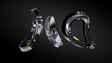 3D rendering. A set of abstract rounded glass shapes, displaying a dispersion of colors along their edge, isolated on a black background. Minimalist aesthetic designの写真素材