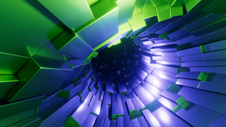 3D rendering. Abstract blue and green geometric background of a funnel hole or tunnel entranceの写真素材