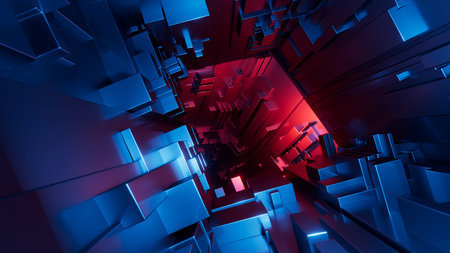 3D rendering. Abstract geometric background, complex metal construction illuminated with blue and red neon lightの写真素材