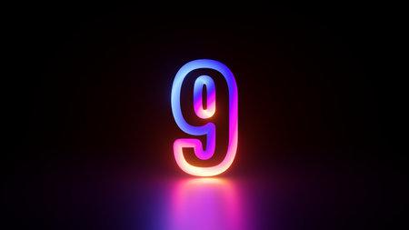 3d rendering. A glowing neon number nine in vibrant colors of pink, blue, and orange, set against a...