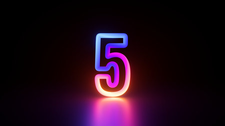 3d rendering. A glowing neon number five in vibrant colors of pink, blue, and orange, set against a...