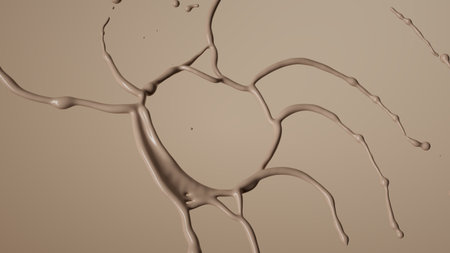 Abstract dynamic splash of liquid beige paint with expressive, fluid motion. Droplets scattering in...
