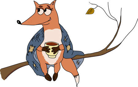 Cute fox with coffee mug on a branch colorful illustrationのイラスト素材