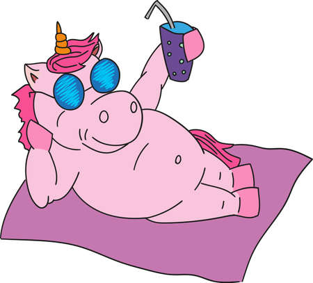 Relax happy pink unicorn in sunglasses with coctailのイラスト素材