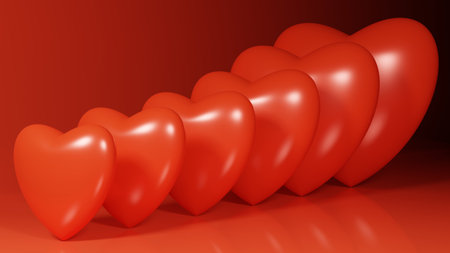 Red Love Hearts in Row. Perfect for Valentines Day, Wedding. 3D illustrationの写真素材