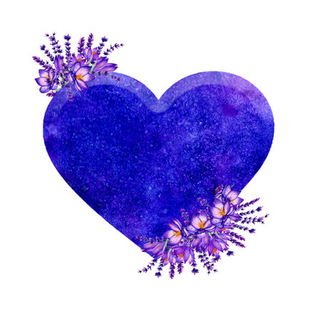 Blue Heart With Crocuses. Hand Drawn Illustration. Wedding Conceptの写真素材