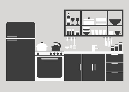 Kitchen. Kitchen interior design. Modern kitchen furniture. Isolated kitchen furniture. Furniture and kitchenware. Kitchen interior silhouette. Flat vector illustration.のイラスト素材