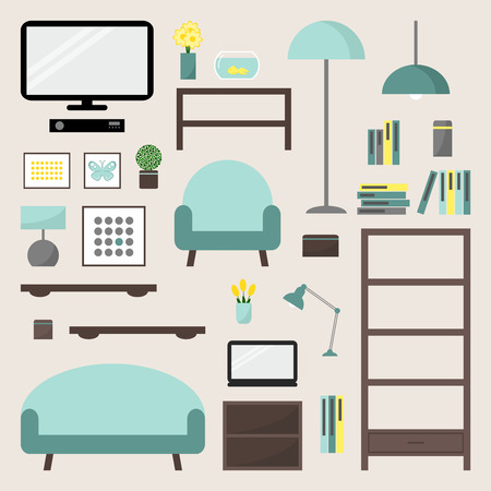 Living room. Living room elements set. Living room interior design isolated icons. Apartment elements. Big living room icons set. Modern furniture. Couch, bookcase. Flat style vector illustration.のイラスト素材